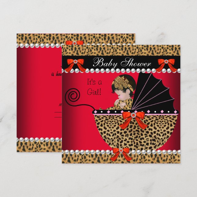 Babydusche Niedlich Baby Girl Red Leopard Bow Einladung (Vorne/Hinten)