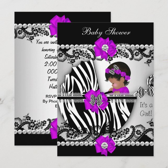 Babydusche Niedlich Baby Girl Zebra Lila Pink Blac Einladung (Vorne/Hinten)
