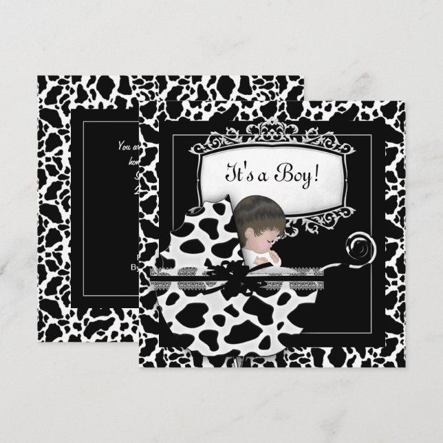 Babydusche Niedlich Baby Pram Kuh Schwarz-weiß Einladung (Vorne/Hinten)