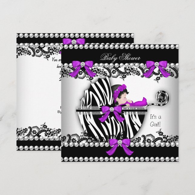 Babydusche Niedlich Girl Zebra Pram Pearl 3 Einladung (Vorne/Hinten)