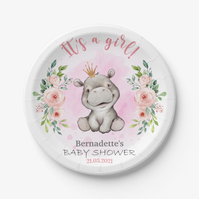 Babydusche Niedlich Hippo Papierplatte Pappteller (Vorderseite)