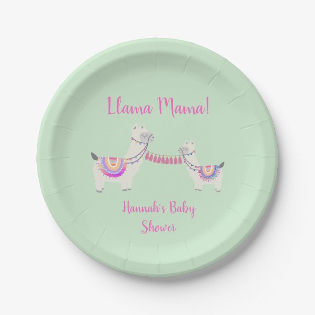 Babydusche Niedlich Llama Mama Hot Pink Mint Green Pappteller (Vorderseite)