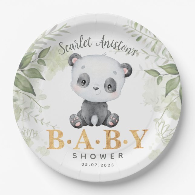 Babydusche Niedlich Panda Eucalipt Greenery Pappteller (Vorderseite)