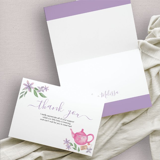 Babydusche Niedlich rosa Teekanne Dankeschön Karte (Cute teapot thank you card in Lavender and Pink )