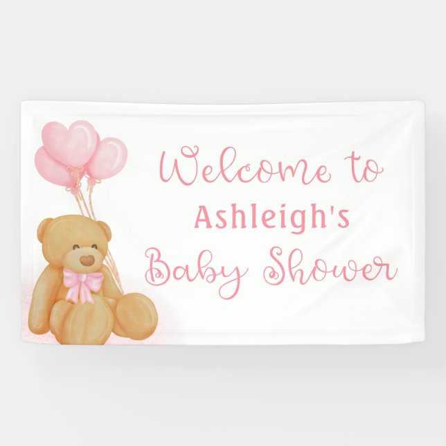 Babydusche Niedlich Teddy Bear Pink Herzblasen Banner (Horizontal)