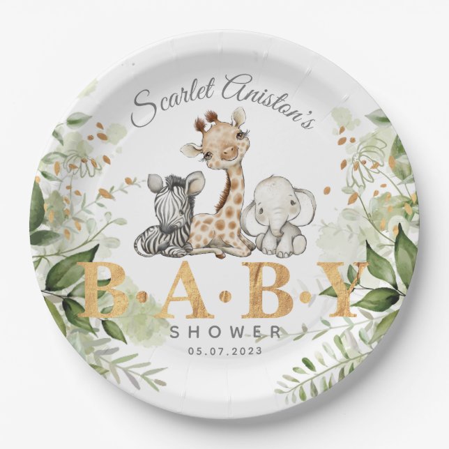Babydusche Niedliche afrikanische Tiere Grünpflanz Pappteller (Vorderseite)