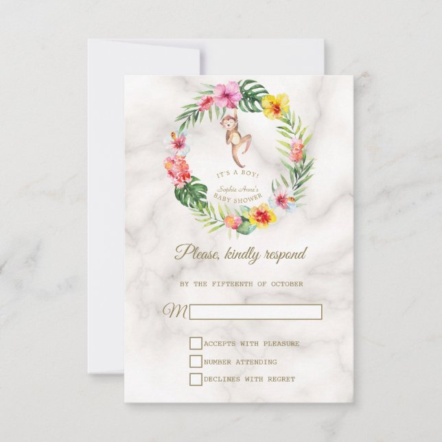 Babydusche niedlicher Affen Tropical Floral Boy RSVP Karte (Vorderseite)