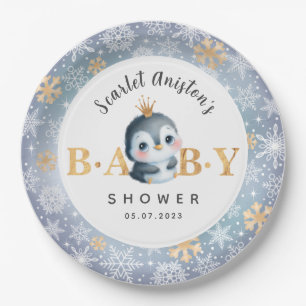 Babydusche Niedlicher Pinguin mit Kronpapier-Telle Pappteller