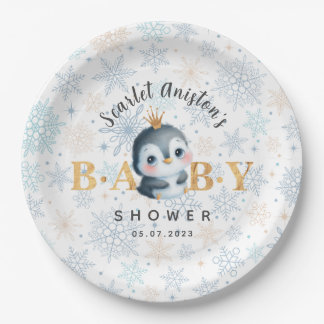 Babydusche Niedlicher Pinguin mit Kronpapier-Telle Pappteller