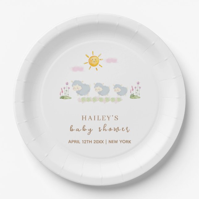 Babydusche niedlicher Schafe im Blumengarten Pappteller (Vorderseite)
