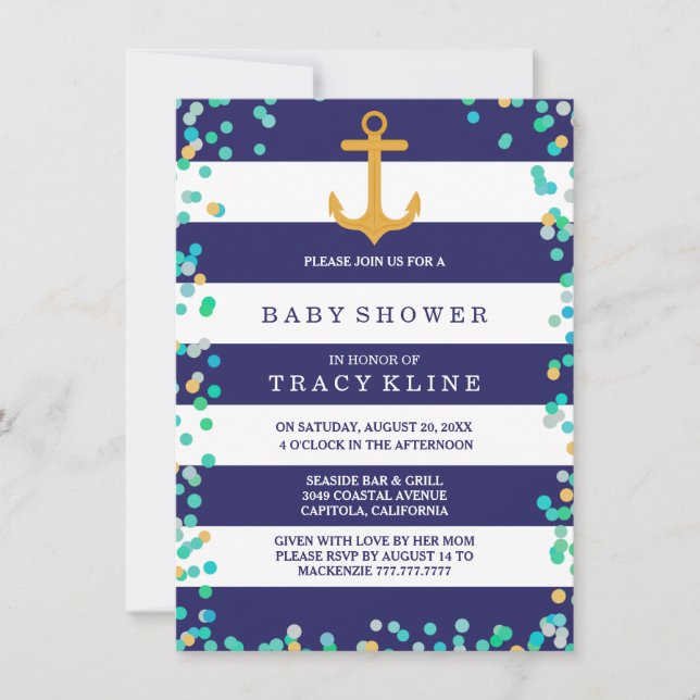 Babydusche oder -sprinkle aus Nautikstreifen und D Einladung (Vorderseite)