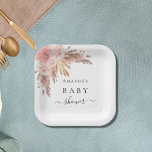 Babydusche Pampas Gras Rose Goldflorchen weiß Pappteller<br><div class="desc">Für eine Babydusche,  Feiern eines kleinen Mädchens. Ein schick weißer Hintergrund. Mit Rose Gold,  rosa Blumen,  Pampas Gras dekoriert. Personalisieren und den Namen der Mutter hinzufügen</div>