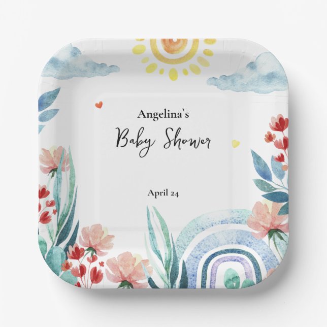 Babydusche Papierplatte mit Aquarellfarbe Pflanze. Pappteller (Vorderseite)