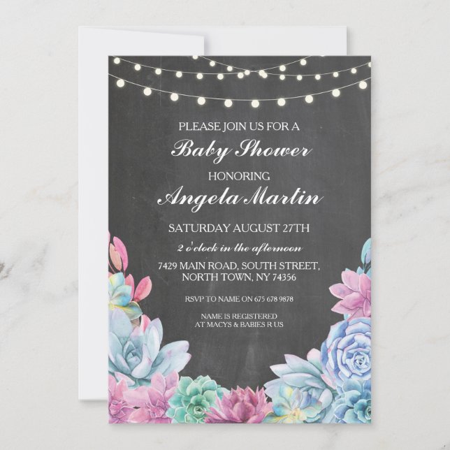 Babydusche Party Succulents Floral Chalk Einladung (Vorderseite)