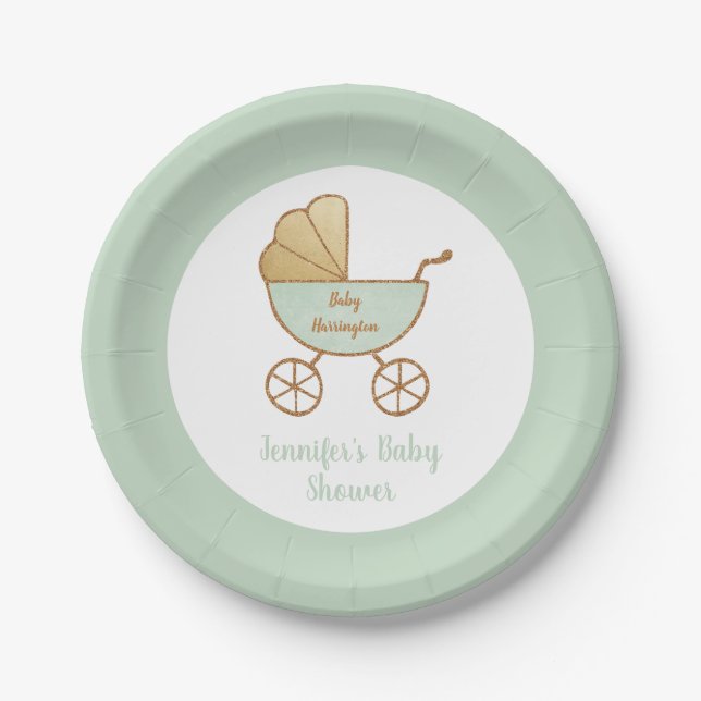Babydusche Pastell Minze Green Retro Carriage Pappteller (Vorderseite)