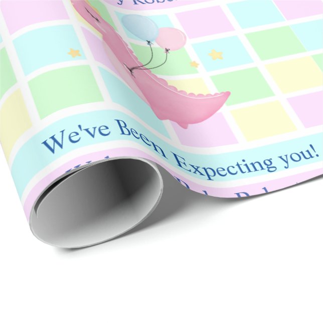 Babydusche Pastell Name Geschlecht unbekannt Dino Geschenkpapier (Rolleneckpunkt)