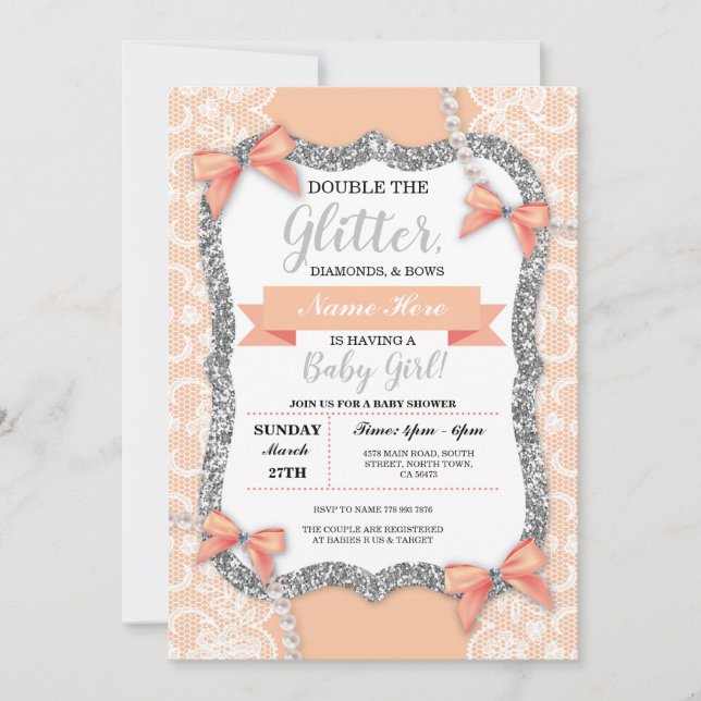 Babydusche Peach Leacer Glitzer Bow Girl Einladung (Vorderseite)
