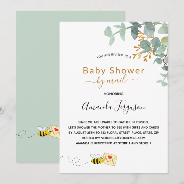 Babydusche per E-Mail Eukalyptus grün Mutter zu Bi Einladung (Vorne/Hinten)