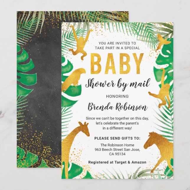 Babydusche per Mail Boy Gold Jungle Animals Safari Einladung (Vorne/Hinten)