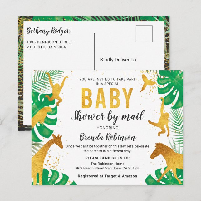 Babydusche per Mail Boy Gold Jungle Animals Safari Postkarte (Vorne/Hinten)