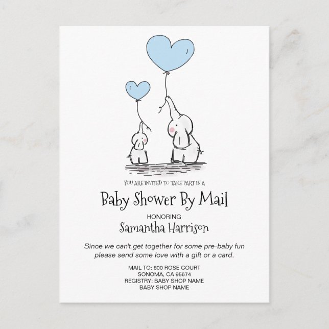 Babydusche per Mail Mama Baby Elephant Blue Einladungspostkarte (Vorderseite)