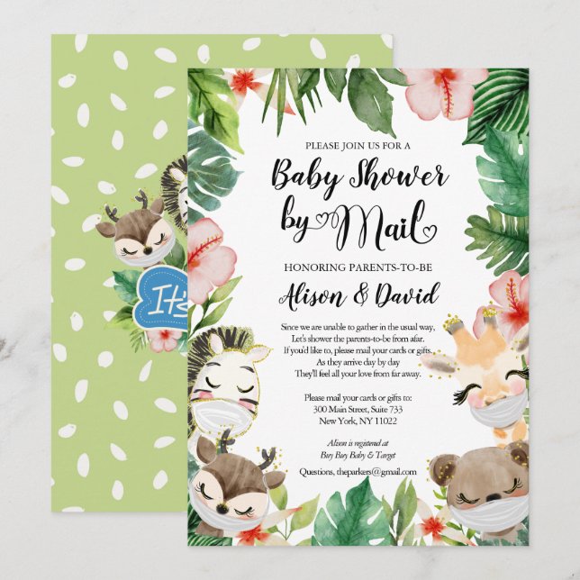 Babydusche per Mail | Masked Safari Friends Einladung (Vorne/Hinten)