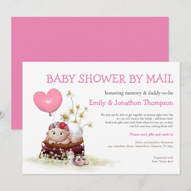 Babydusche per Mail Niedlich Baby Ladybird Blume Einladung (Vorne/Hinten)