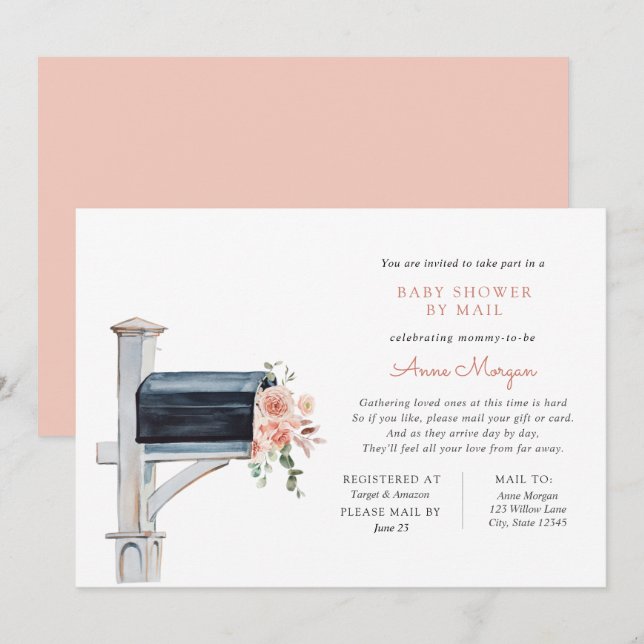 Babydusche per Mail Pink Blume in Mailbox Einladung (Vorne/Hinten)