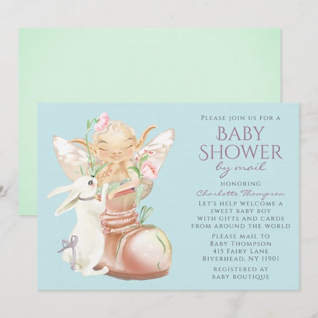 Babydusche per Mail Wasserfarben Junge Fairy Kanin Einladung (Vorne/Hinten)