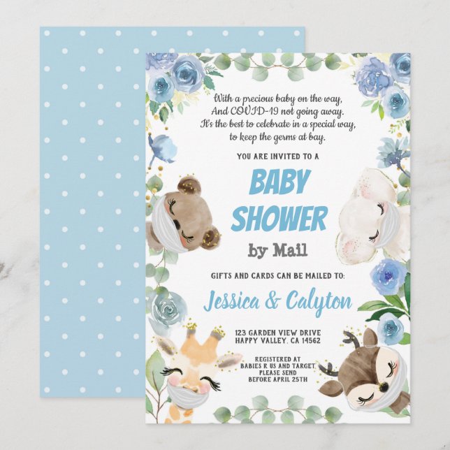 Babydusche per Mail Woodland Animal Blue Rose Einladung (Vorne/Hinten)