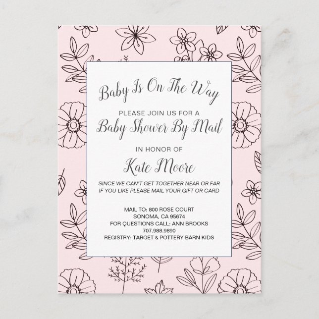 Babydusche per Post Handgezogene Blume rosa Einladungspostkarte (Vorderseite)