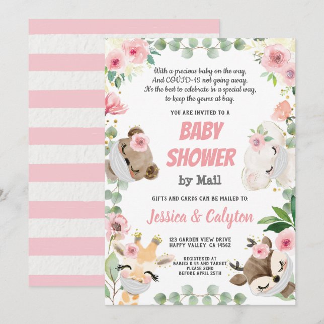 Babydusche per Post Woodland Tier Rosa Rose Einladung (Vorne/Hinten)