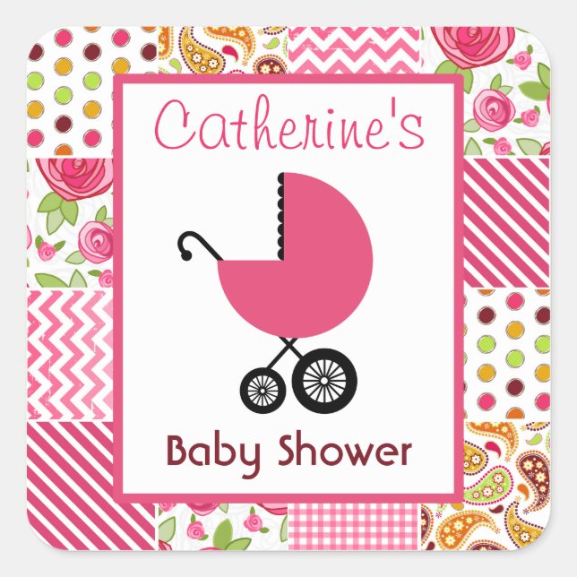 Babydusche Pink Carriage & Girl Patchwork Quadratischer Aufkleber (Vorderseite)