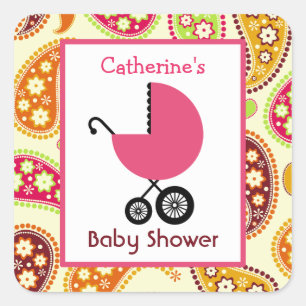 Babydusche Pink Carriage & Paisley Quadratischer Aufkleber