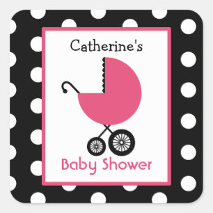 Babydusche Pink Carriage & Polka Dots Quadratischer Aufkleber