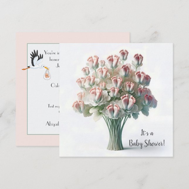 Babydusche Pink Feet Blume Bouquet Einladung (Vorne/Hinten)