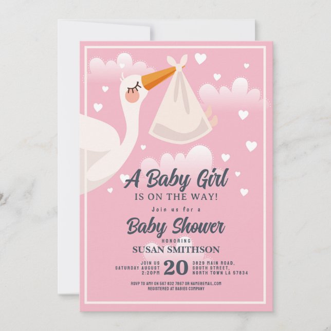 Babydusche Pink Girl Stork Clouds Einladung (Vorderseite)