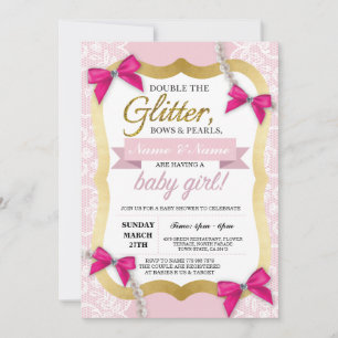 Babydusche Pink Lace Gold Glitzer Bow Girl Einladu Einladung