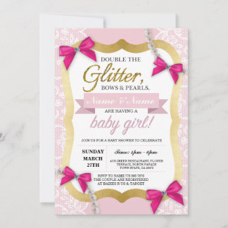 Babydusche Pink Lace Gold Glitzer Bow Girl Einladu Einladung