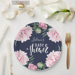 Babydusche Pink Peony Floral Navy Blau Pappteller