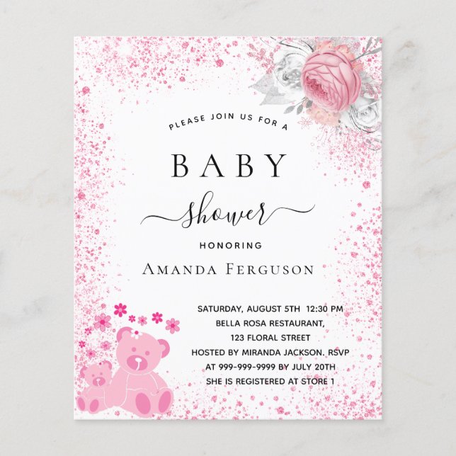 Babydusche pink Teddy Mädchen Blumeneinladung (Vorderseite)