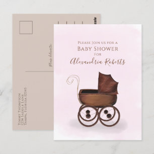 Babydusche Pink Wasserfarbe Girl Baby Carriage Postkarte