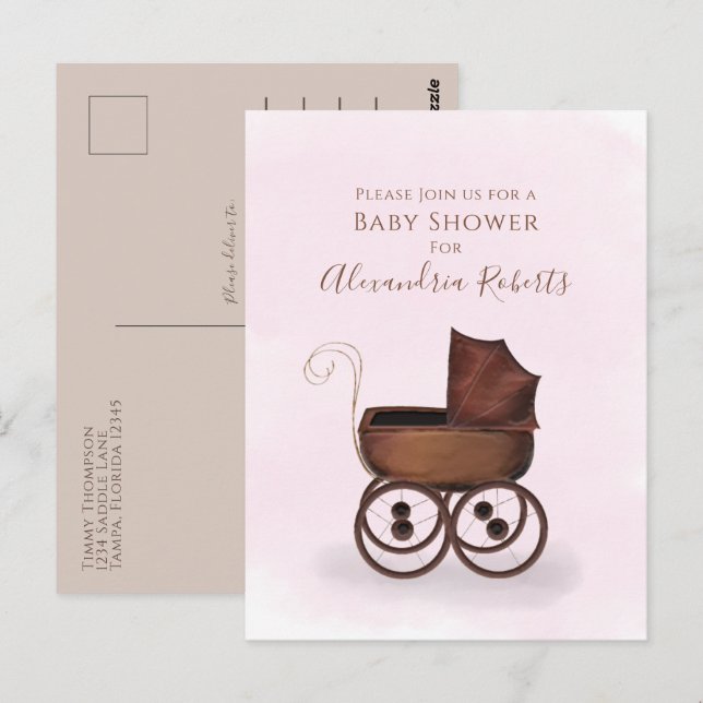 Babydusche Pink Wasserfarbe Girl Baby Carriage Postkarte (Vorne/Hinten)