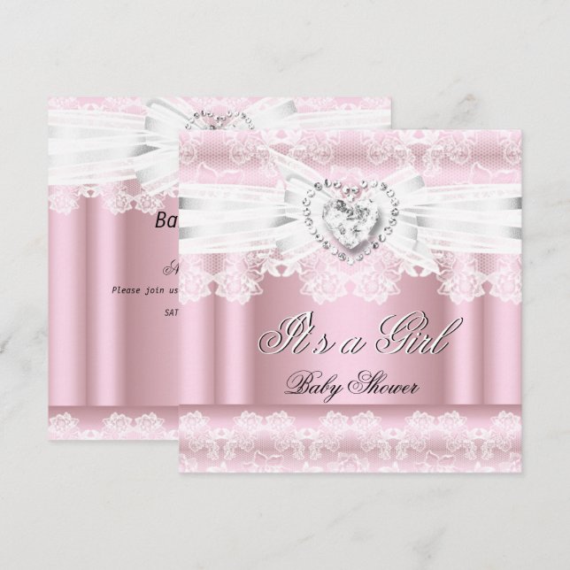 Babydusche Pink White Lace Bow Diamonds Bilder Einladung (Vorne/Hinten)