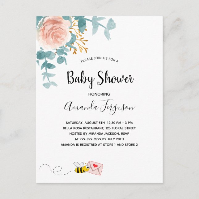 Babydusche pinkfarbene Blumengrün Mutter zu Biene Postkarte (Vorderseite)