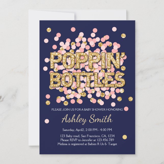 Babydusche Poppin Flaschen Confetti Navy Rosa Einladung (Vorderseite)