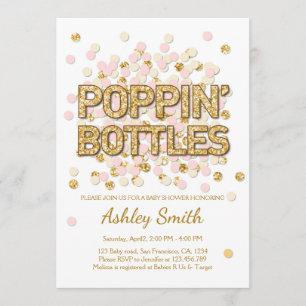 Babydusche Poppin Flaschen Confetti Pink Gold Einladung