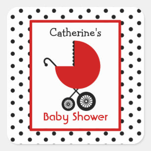 Babydusche Red Carriage & Polka Dots Quadratischer Aufkleber