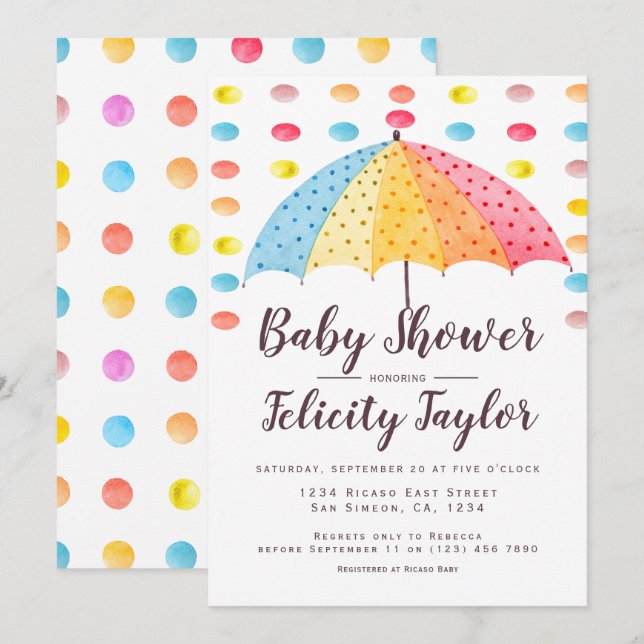 Babydusche Regenbogen Dots Regenschirm Einladung (Vorne/Hinten)