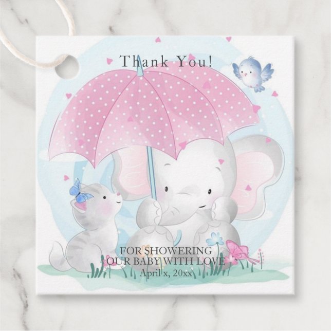 Babydusche Regenschirm Elephant Kitten Butterflieg Geschenkanhänger (Vorderseite)